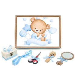 Tavita mot cu 6 piese cu fundite bleu cu buline - Ursulet cu baloane - 35x20 cm - TPM-98