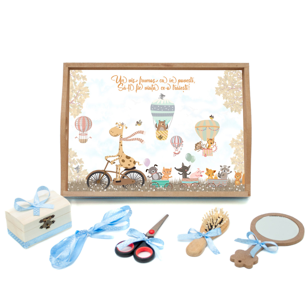 Tavita mot personalizata cu poza, text, nume si data ce contine 6 piese cu fundite bleu cu buline - Animalute - 35x20 cm - TPM-100 - imagine 2