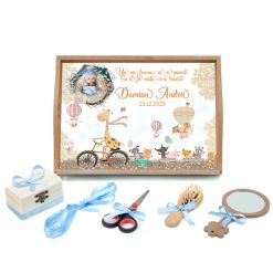 Tavita mot personalizata cu poza, text, nume si data ce contine 6 piese cu fundite bleu cu buline - Animalute - 35x20 cm - TPM-100